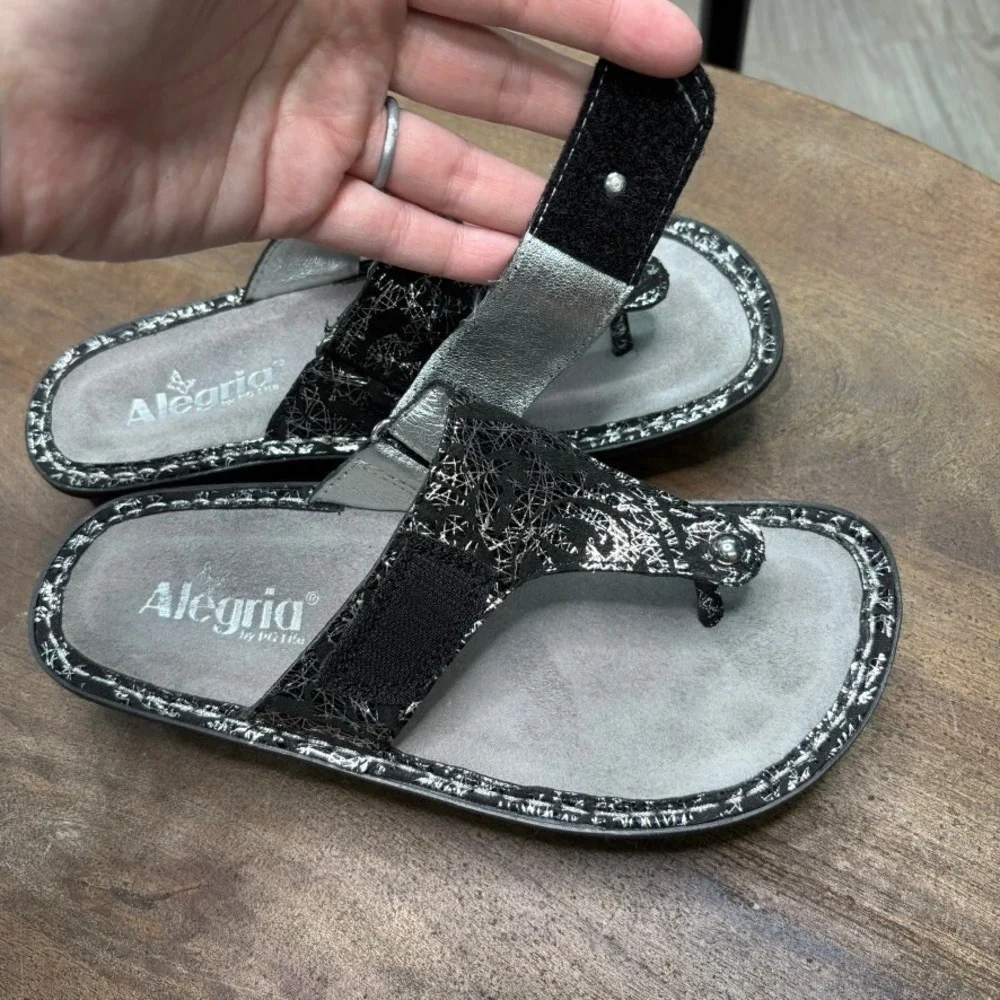 Alegria Sandals EU Size 36 US 6 Black Metallic Leather Arch Support‎
